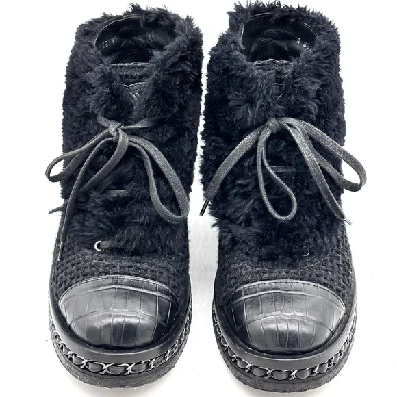 Chanel Beaver Fur Trimmed Alligator Skin Tweed Black Lace Up Boots - Picture 3 of 9
